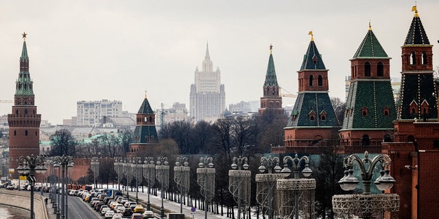 The Kremlin towers in front of the Russian Foreign Ministry headquarters on March 18, 2021
