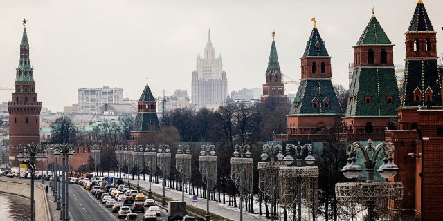 The Kremlin towers in front of the Russian Foreign Ministry headquarters on March 18, 2021