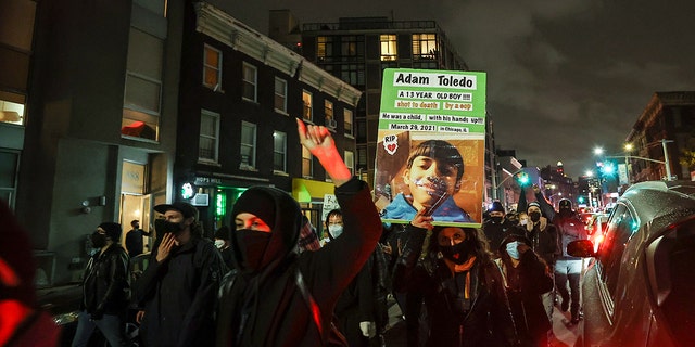Hundreds of BLM protesters are gathered at the Barclays Center and take streets for 13 years old Adam Toledo who was shot and killed by Chicago police in Brooklyn of New York City, United States on April 16, 2021. 