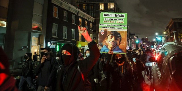 Hundreds of BLM protesters are gathered at the Barclays Center and take streets for 13 years old Adam Toledo who was shot and killed by Chicago police in Brooklyn of New York City, United States on April 16, 2021. 