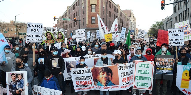 Hundreds of protesters take streets for 13 years old Adam Toledo who was shot and killed by police in Chicago, United States on April 16, 2021.