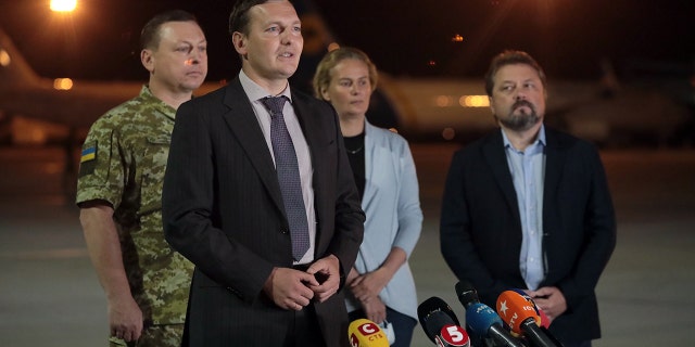 Deputy Minister of Foreign Affairs of Ukraine Yevhen Yenin is pictured during the briefing on the landing of the third evacuation flight from Kabul (Afghanistan) at Boryspil International Airport, Kyiv Region, central Ukraine.