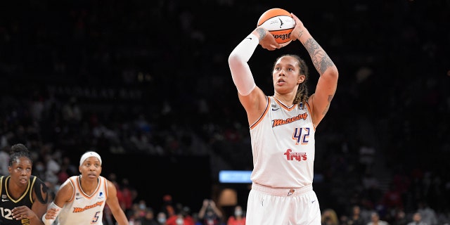 Brittney Griner of the Phoenix Mercury shoots a free throw against the Aces during the WNBA semifinals on Oct. 8, 2021, in Las Vegas, Nevada.