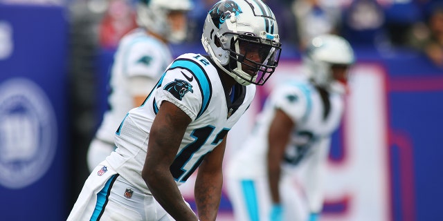 Shi Smith #12 of the Carolina Panthers in action against the New York Giants at MetLife Stadium on October 24, 2021 in East Rutherford, New Jersey. New York Giants defeated the Carolina Panthers 25-3.