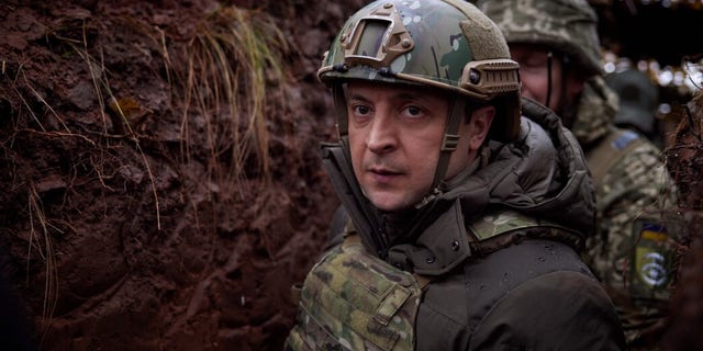 Ukrainian President Volodymyr Zelensky visits the front-line positions of Ukrainian military in Donbass, Ukraine on December 06, 2021. (Photo by Ukrainian Presidency / Handout/Anadolu Agency via Getty Images)