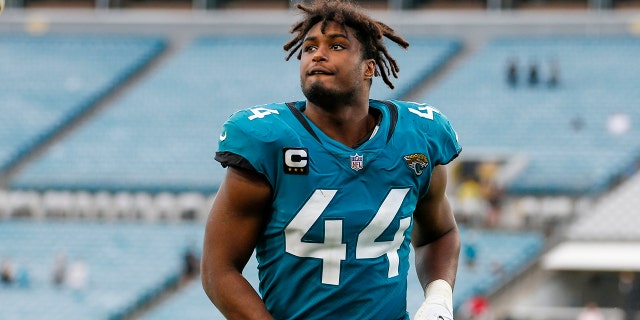 JACKSONVILLE, FL - DECEMBER 19: Jacksonville Jaguars outside linebacker Myles Jack (44) during the game between the Houston Texans and the Jacksonville Jaguars on December 19, 2021 at TIAA Bank Field in Jacksonville, Fl.