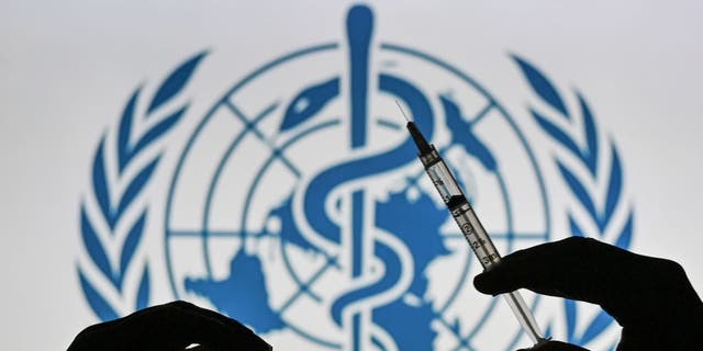 An illustrative image of a person holding a medical syringe and a Covid-19 vaccine vial in front of the World Health Organization logo displayed on a screen.