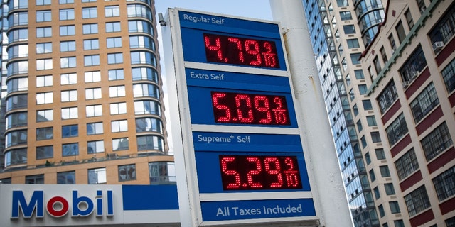 Gas prices are displayed at a Mobil gas station in the Brooklyn borough of New York, the United States, Feb. 10, 2022. (Photo by Michael Nagle/Xinhua via Getty Images)