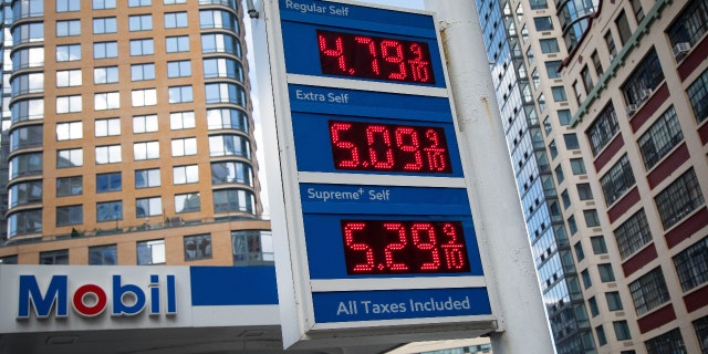 Gas prices are displayed at a Mobil gas station in the Brooklyn borough of New York, the United States, Feb. 10, 2022. (Photo by Michael Nagle/Xinhua via Getty Images)