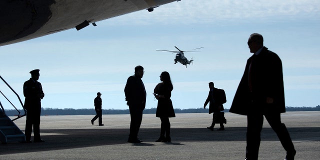 Marine One with US President Joe Biden and First Lady Jill Biden lands near Air Force One at Andrews Air Force Base March 2, 2022, in Maryland. (Photo by Brendan Smialowski / AFP) (Photo by BRENDAN SMIALOWSKI/AFP via Getty Images)