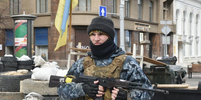 A Ukrainian soldier on duty in Odesa, Ukraine, on March 08, 2022.
