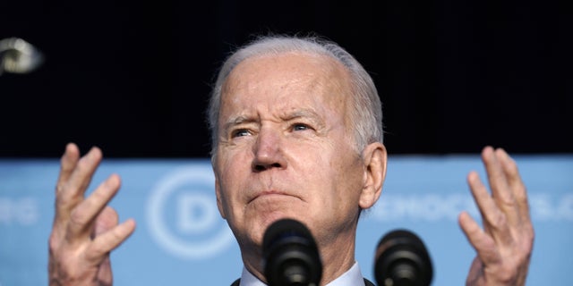 U.S. President Joe Biden speaks to members at the Democratic National Committee (DNC) Winter Meeting in Washington, D.C., U.S., on Thursday, March 10, 2022. Biden presented an optimistic vision of the partys prospects in Novembers midterm elections despite the Russian invasion of Ukraine and inflation continuing to slice into Americans purchasing power.