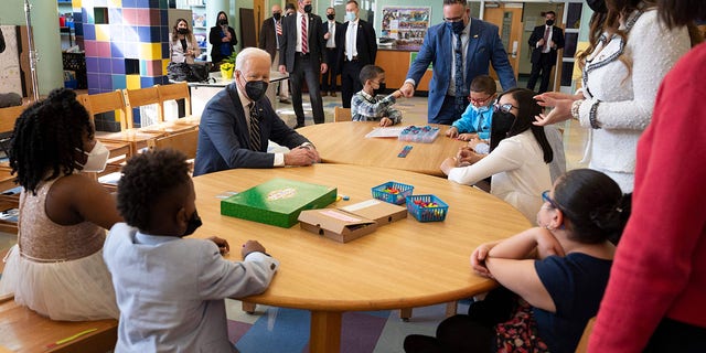 Biden speaks with students at Luis Munoz Marin Elementary School in Philadelphia March 11, 2022.