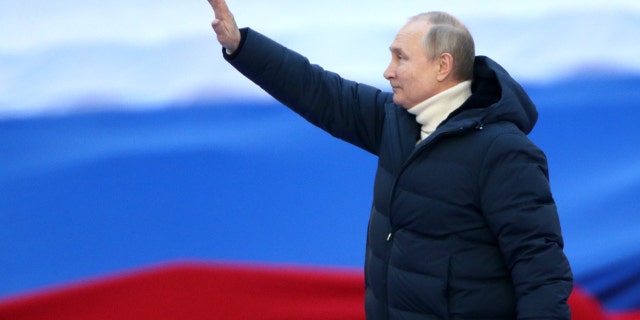 Russian President Vladimir Putin speeches during the concert marking the anniversary of the annexation of Crimea, March,18 2022, in Moscow, Russia. (Photo by Contributor/Getty Images)