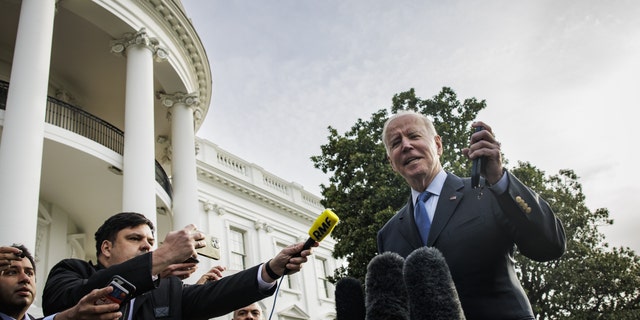 U.S. President Joe Biden speaks to members of the media on the South Lawn of the White House before boarding Marine One in Washington, D.C., U.S., on Wednesday, March 23, 2022. Biden and allies meeting Thursday in Brussels are expected to announce both new sanctions against Russia over its invasion of Ukraine the White House said yesterday. Photographer: Samuel Corum/Bloomberg via Getty Images
