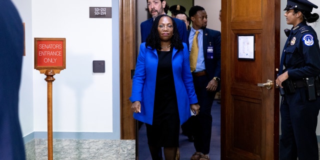 Ketanji Brown Jackson, Associate Justice of the United States Supreme Court nominee for United States President Joe Biden, leaves a Senate Judiciary Committee confirmation hearing in Washington, DC, U.S., Wednesday, March 23, 2022.