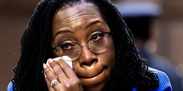 Ketanji Brown Jackson wipes away tears during her confirmation hearing in Washington on March 23, 2022.