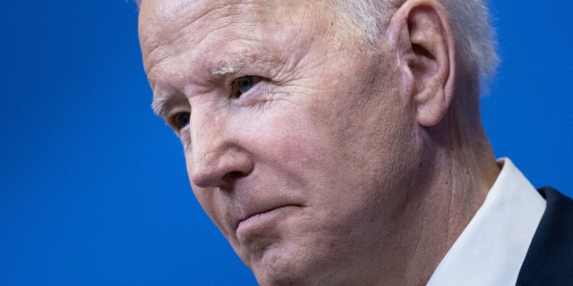 US President Joe Biden addresses at the European Union (EU) summit at the EU Headquarters, one day to the month of Russia's invasion of the Ukraine, in Brussels on March 24, 2022.