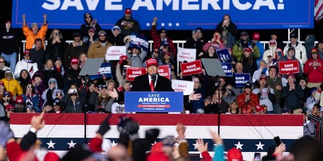 Former U.S. President Donald Trump speaks at a 'Save America' rally in Commerce, Georgia, U.S., on Saturday, March 26, 2022. Trump is focusing most of his ire over losing the 2020 election on Georgia, where he will put his status as a GOP kingmaker on the line on Saturday to turn voters against the states Republican governor and other party incumbents. Photographer: Elijah Nouvelage/Bloomberg via Getty Images