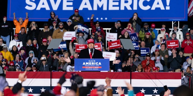 Trump Rallies in Georgia 1 Former U.S. President Donald Trump speaks at a 'Save America' rally in Commerce, Georgia, U.S., on Saturday, March 26, 2022. Photographer: Elijah Nouvelage/Bloomberg via Getty Images