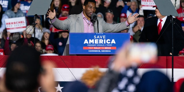 Herschel Walker, Republican senate candidate for Georgia, speaks after being brought on stage by former U.S. President Donald Trump at a 'Save America' rally in Commerce, Georgia, U.S., on Saturday, March 26, 2022. 