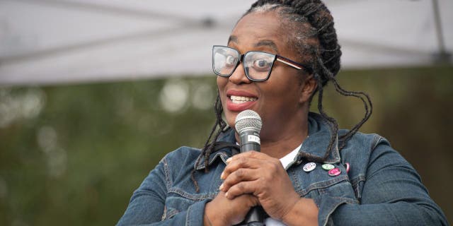 Nse Ufot, executive director of the New Georgia Project, speaks on stage during "Count Every Vote" at Freedom Park in Atlanta Nov. 7, 2020.