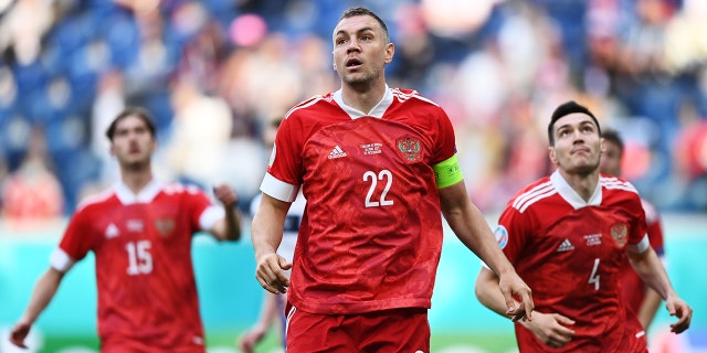 Artem Dzyuba of Russia looks on during the UEFA Euro 2020 Championship Group B match between Finland and Russia at Saint Petersburg Stadium June 16, 2021, in Saint Petersburg, Russia.