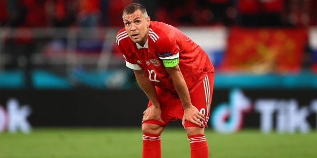 Artem Dzyuba of Russia looks dejected after Denmark's second goal scored by Yussuf Poulsen during the UEFA Euro 2020 Championship Group B match between Russia and Denmark at Parken Stadium June 21, 2021, in Copenhagen, Denmark.