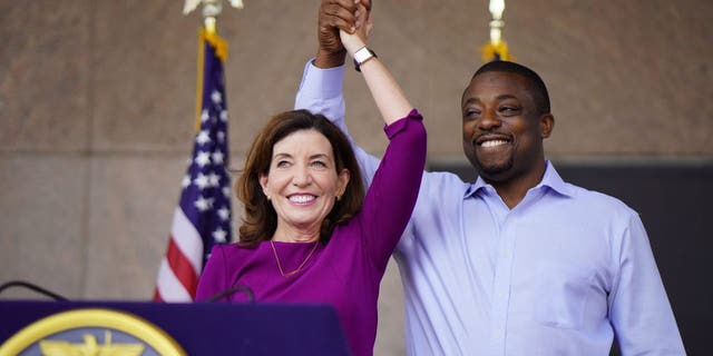 New York, NY: New York Governor Kathy Hochul and Senator Brian Benjamin are seen at a press conference in Harlem in New York City on August 26, 2021.