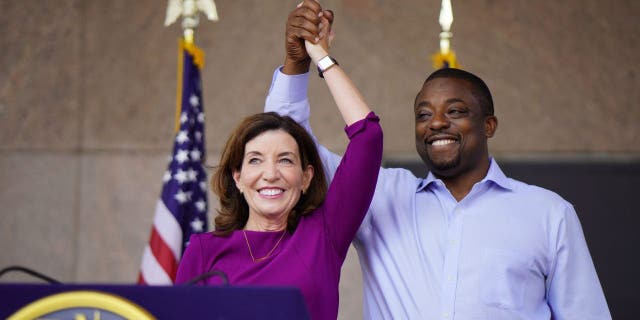 New York, N.Y.: New York Governor Kathy Hochul and State Senator Brian Benjamin are seen at a press conference in Harlem in New York City on August 26, 2021.