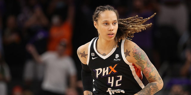 Brittney Griner #42 of the Phoenix Mercury during the first half in Game Four of the 2021 WNBA semifinals at Footprint Center on Oct. 6, 2021, in Phoenix. 