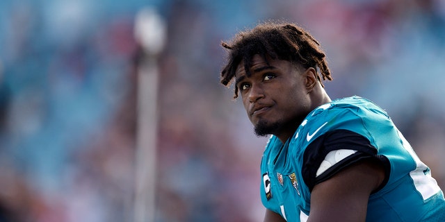 Myles Jack #44 of the Jacksonville Jaguars looks on during the fourth quarter against the San Francisco 49ers at TIAA Bank Field on November 21, 2021 in Jacksonville, Florida. 