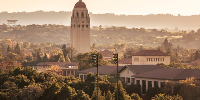 A view of the Hoover Tower and Stanford University campus from Stanford Stadium. 