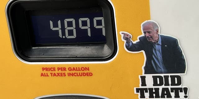 A satirical protest sticker critical of American President Joe Biden, with text reading I Did That, has been placed on a gasoline pump in Lafayette, California.