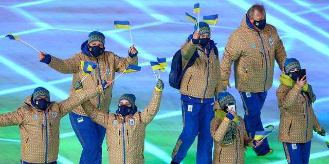 Team Ukraine enter the stadium during the Opening Ceremony of the Beijing 2022 Winter Olympics at the Beijing National Stadium on Feb. 4, 2022 in Beijing, China. 
