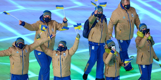 Team Ukraine enter the stadium during the Opening Ceremony of the Beijing 2022 Winter Olympics at the Beijing National Stadium on Feb. 4, 2022 in Beijing, China.