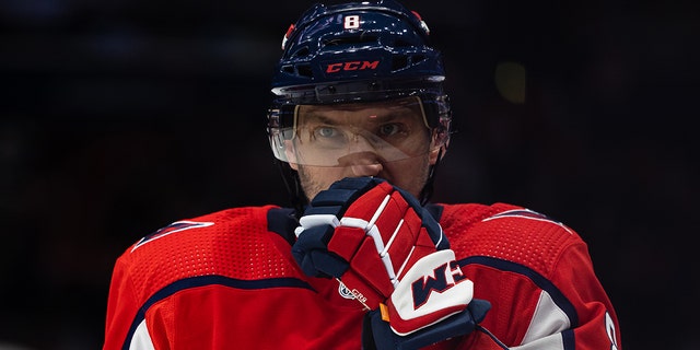Alex Ovechkin of the Washington Capitals looks on against the Ottawa Senators during the second period of a match at Capital One Arena on February 13, 2022 in Washington, D.C. 