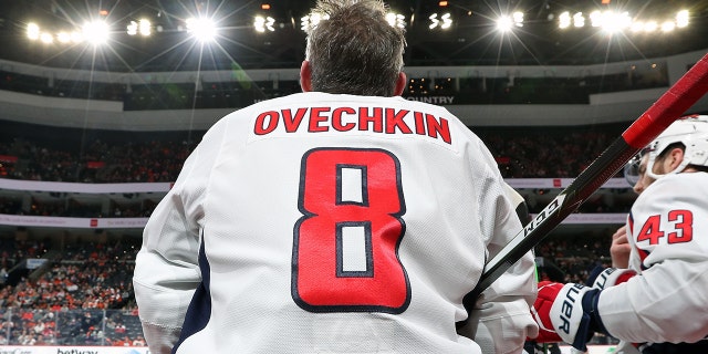 Alex Ovechkin of the Washington Capitals takes a breather on the boards during a timeout against the Philadelphia Flyers at the Wells Fargo Center Feb. 17, 2022, in Philadelphia.
