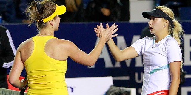Elina Svitolina of Ukraine and Anastasia Potapova of Russia shake hands after a match between Anastasia Potapova of Russia and Elina Svitolina of Ukraine as part of Day 4 of the GNP Seguros WTA Monterrey Open 2022 at Estadio GNP Seguros on March 1, 2022, in Monterrey, Mexico.
