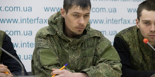 11 russian soldiers captured by Ukrainian forces make a press statement on March 5, 2022 in Kyiv, Ukraine.