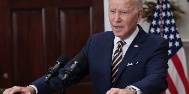 President Joe Biden speaks in the Roosevelt Room of the White House . (Photo by Win McNamee/Getty Images)