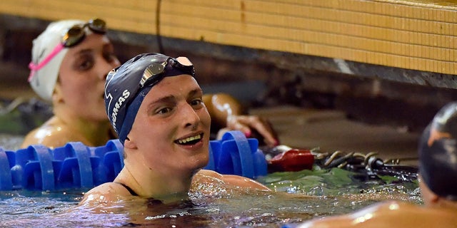 Leah Thomas after winning the 500-yard freestyle during the NCAA Division I Women's Swimming and Diving Championships at the McAuley Aquatic Center on the Georgia Institute of Technology campus on March 17, 2022 in Atlanta.