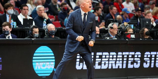 Head coach Mick Cronin of the UCLA Bruins reacts in the first round game against the Akron Zips during the 2022 NCAA Men's Basketball Tournament at Moda Center on March 17, 2022 in Portland, Oregon. 