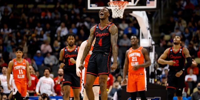 Taze Moore of the Houston Cougars reacts after drawing a foul during the game against the Illinois Fighting Illini during the second round of the 2022 NCAA Men's Basketball Tournament on March 20, 2022 in Pittsburgh, Pennsylvania. 