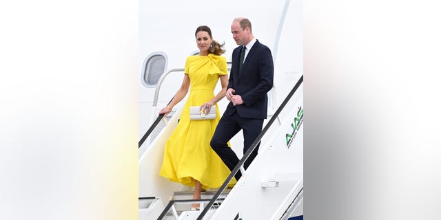 Catherine, Duchess of Cambridge and Prince William, Duke of Cambridge arrive at Norman Manley International Airport to visit Jamaica as part of their Royal Tour of the Caribbean on March 22, 2022 in Kingston, Jamaica.