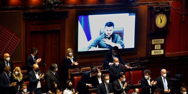 The President of the Republic of Ukraine Volodymyr Zelensky in video, during his speech at the Italian Parliament. Rome (Italy), March 22nd 2022 (Photo by Samantha Zucchi/Insidefoto/Mondadori Portfolio via Getty Images)