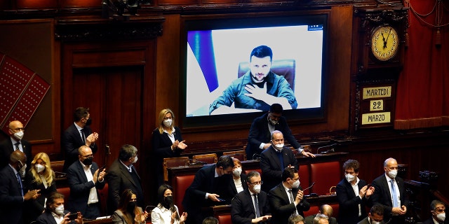 The President of the Republic of Ukraine Volodymyr Zelensky in video, during his speech at the Italian Parliament. Rome (Italy), March 22nd 2022 (Photo by Samantha Zucchi / Insidefoto / Mondadori Portfolio via Getty Images)