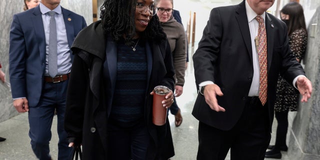WASHINGTON, DC - MARCH 24: U.S. Supreme Court nominee Judge Ketanji Brown Jackson arrives to the office of Sen. Michael Bennet (D-CO) for meeting on March 24, 2022 in Washington, DC. (Photo by Anna Moneymaker/Getty Images)