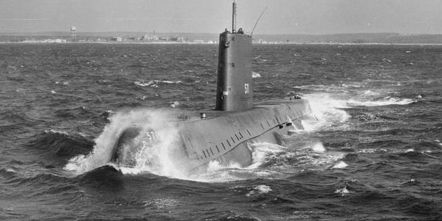 The world's first nuclear-powered submarine Nautilus sets out to sea on a trial run.