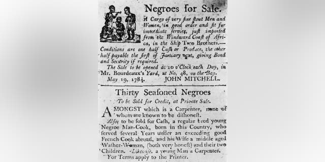 Two advertisements in a colonial broadside newspaper: one for a cargo of slaves just imported from Africa on the ship Two Brothers, and one for 'Thirty Seasoned Negroes', including a carpenter, a cook and the cook's family.